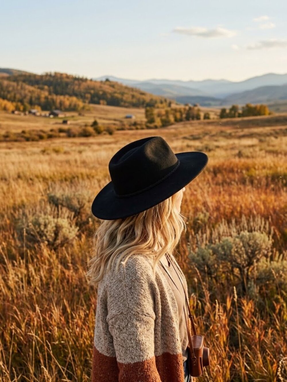 Anthropologi Black Wide-Brim Wool Fedora/Rancher Hat - Classic Style